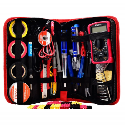 Complete Soldering Kit with Multimeter: It includes the complete soldering tools for various uses, from home DIY, electrical repair jobs and other soldering projects. Premium Components: High-quality assorted components used for soldering Soldering Iron Kit with Bonus: Insulating Tape, Soldering Paste, Wire Cutter, Heatshrink Kit, Pen shaped Screwdriver and more Durable PU Carry Bag Included: It helps you to always keep the components organized, very convenient to store small tools, easy to carry and transport.